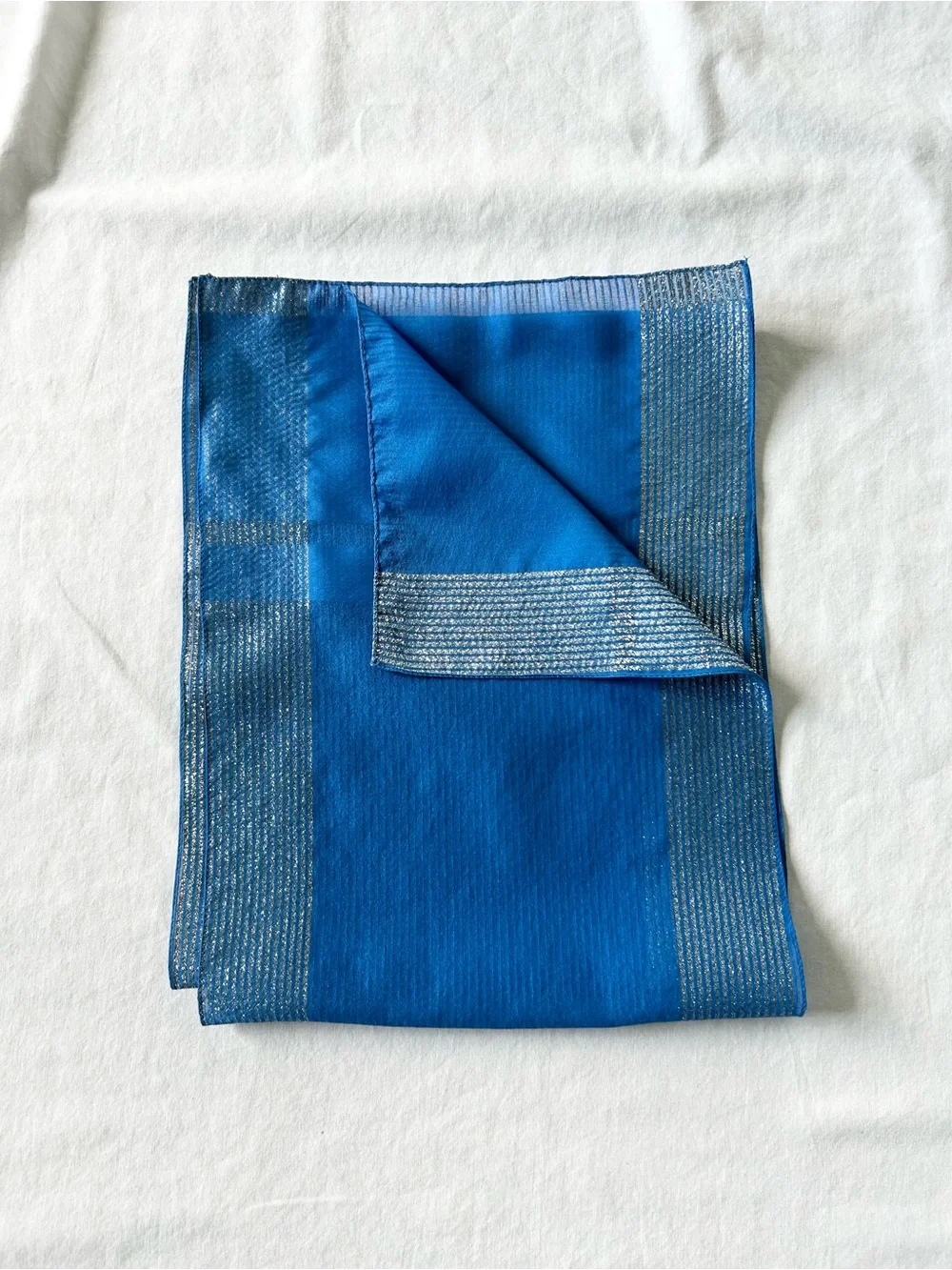 Berkshire Sheer Royal Blue Scarf w/ Silver Metallic Lurex Trim Sash Headwrap